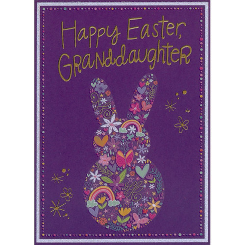 Flowers, Hearts, Butterflies : Bunny Shape on Dark Purple Easter Card for Pre-Teen Granddaughter: Happy Easter, Granddaughter