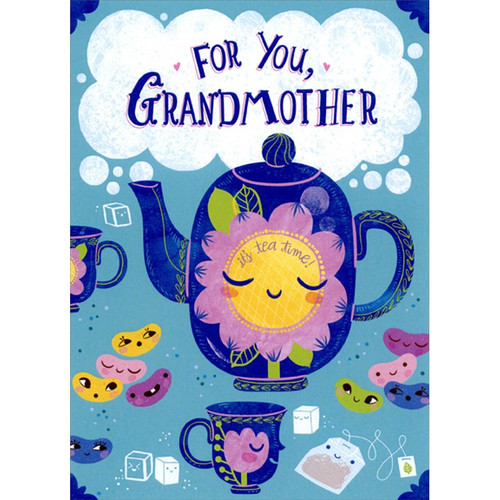 Blue and Purple Teapot with Smiley Face : It's Tea Time Juvenile Easter Card for Grandmother: For You, Grandmother