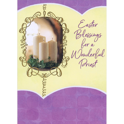 Photo of 3 Candles : Twisting Gold Foil Frame on Yellow and Purple Religious Easter Card for Priest: Easter Blessings for a Wonderful Priest