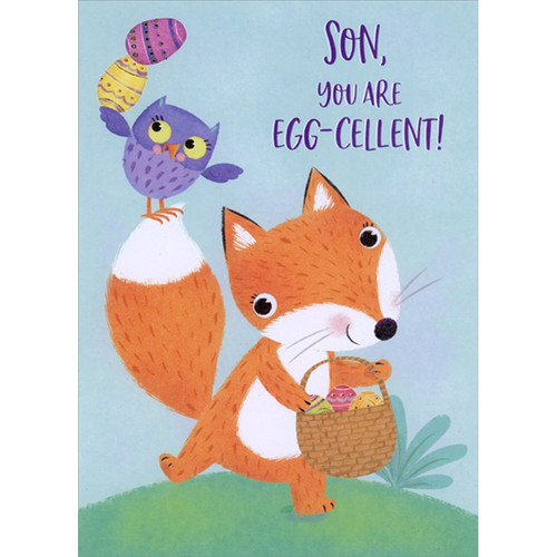 Smiling Fox with Easter Basket : Eggs Balancing on Purple Bird Juvenile Easter Card for Young Son: Son, You Are Egg-Cellent!