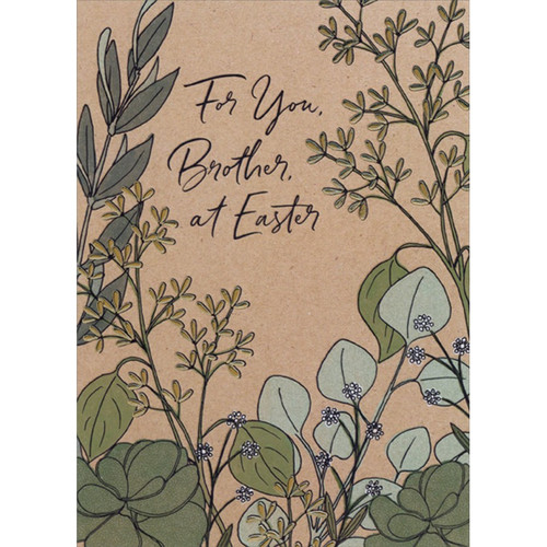 Gold Foil Flowers and Green Vines on Brown Brother Easter Card: For You, Brother, at Easter