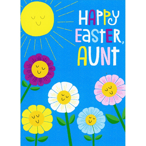 Smiling Flowers and Sun on Blue Speckled Background Juvenile Aunt Easter Card from Child : Kid: Happy Easter, Aunt