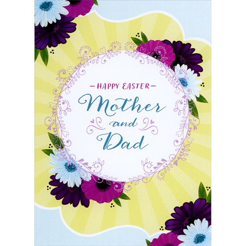 Purple and Light Blue Flowers : Circle with Thin Purple Vine Border Mother and Dad Easter Card: Happy Easter Mother and Dad