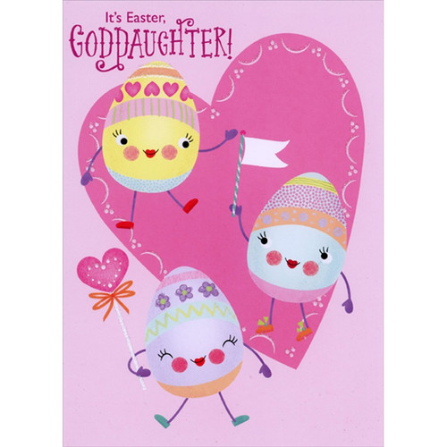 Large Pink Heart and Three Cute Smiley Faced Decorated Eggs Juvenile Easter Card for Young Goddaughter: It's Easter, Goddaughter!