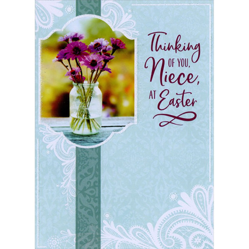 Purple Flowers in Glass Jar Photo : Light Blue with White Vine Patterns Niece Easter Card: Thinking of You, Niece, at Easter