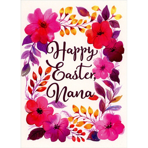 Red and Pink Flowers, Yellow and Purple Leaves on White Background Nana Easter Card: Happy Easter, Nana