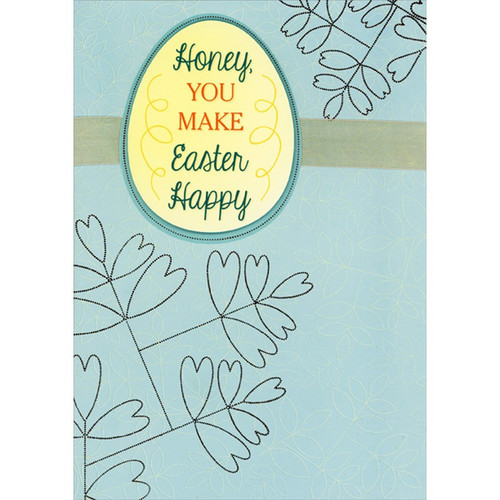 Yellow Die Cut 3D Tip On Egg, Yellow Ribbon and Bronze Foil Dotted Leaves Honey Easter Card for Husband : Wife : Boyfriend : Girlfriend: Honey, You Make Easter Happy