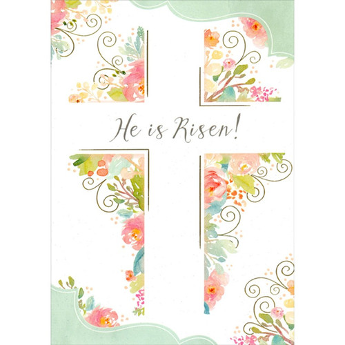 Large White Cross : Thin Foil Lines : 4 Pastel Floral Sections Religious Easter Card: He is Risen!