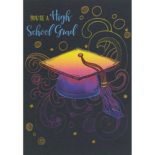 Neon Colored Grad Cap on Black High School Graduation Congratulations Card: You're A High School Grad