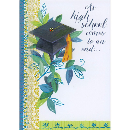 Grad Cap 3D Die Cut Tip On, White Ribbon : Leafy Branches Hand Decorated High School Graduation Congratulations Card: As high school comes to an end…