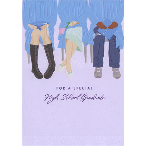 3 Seated Students in Light Blue Gowns High School Graduation Congratulations Card: For A Special High School Graduate
