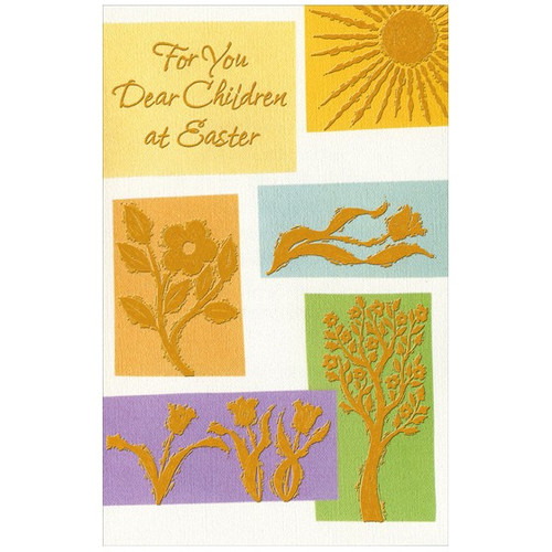 Bronze Foil Sun, Flowers, and Tree: Children Easter Card: For You Dear Children at Easter