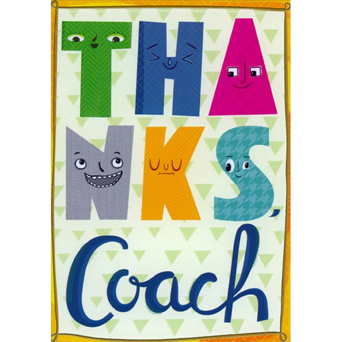 Colorful Letters with Smiling Faces Juvenile Coach Thank You Card from Kid / Child: THANKS, Coach