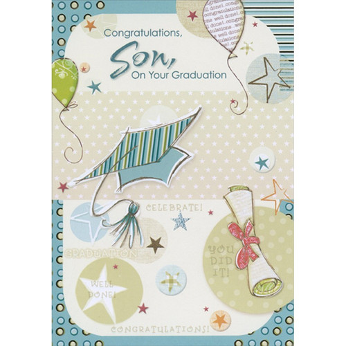 Blue and Green Striped Grad Cap, Diploma and Balloons Graduation Congratulations Card for Son: Congratulations, Son, On Your Graduation