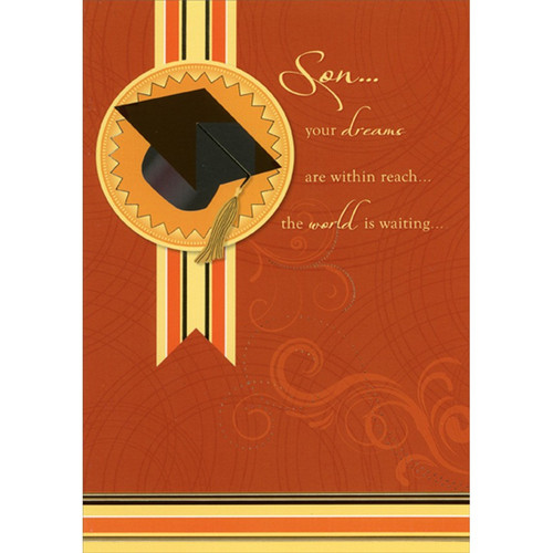 Grad Cap on Orange Seal : Dreams Within Reach Graduation Congratulations Card for Son: Son…  your dreams are within reach…  the world is waiting…