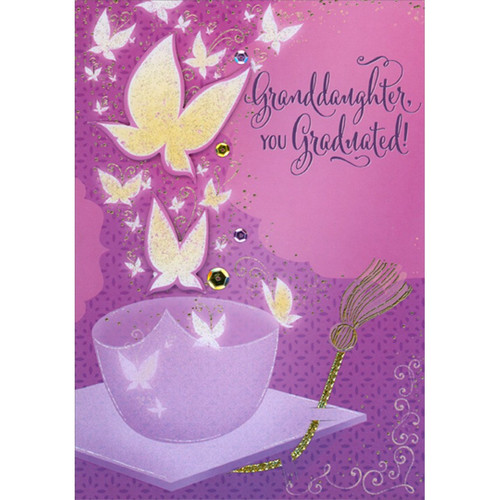 Upside Down Purple Grad Cap : 3D Butterflies and Sequins Hand Decorated Graduation Congratulations Card for Granddaughter: Granddaughter, You Graduated!