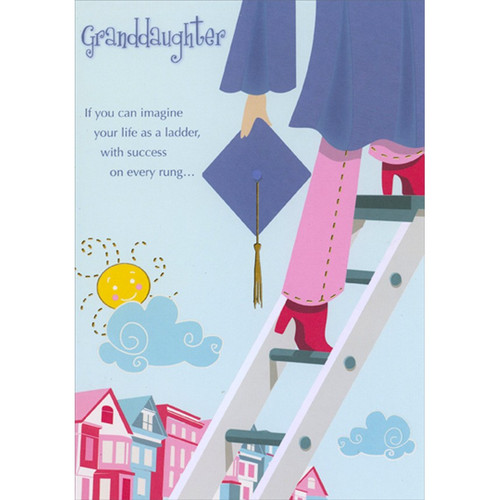 Grad in Pink Pants Climbing Ladder Graduation Congratulations Card for Granddaughter: Granddaughter - If you can imagine your life as a ladder, with success on every rung…