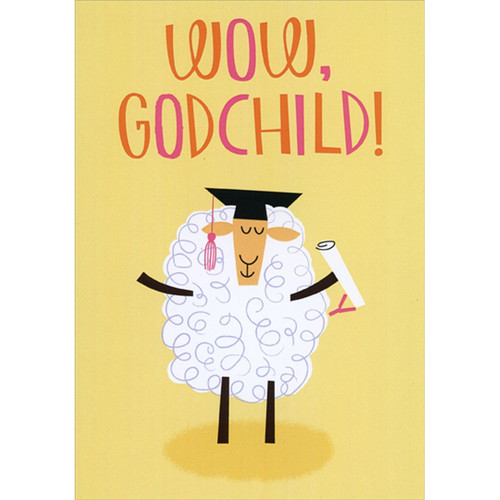 Wow : Sheep Holding Diploma Juvenile / Kids Graduation Congratulations Card for Young Godchild: Wow, Godchild!