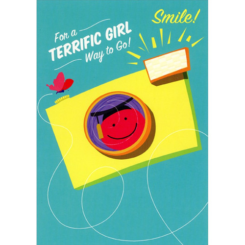 Pink Smiley Face in Camera Lens Juvenile / Kids Graduation Congratulations Card for Young Girl: For a Terrific Girl - Way to Go! Smile!