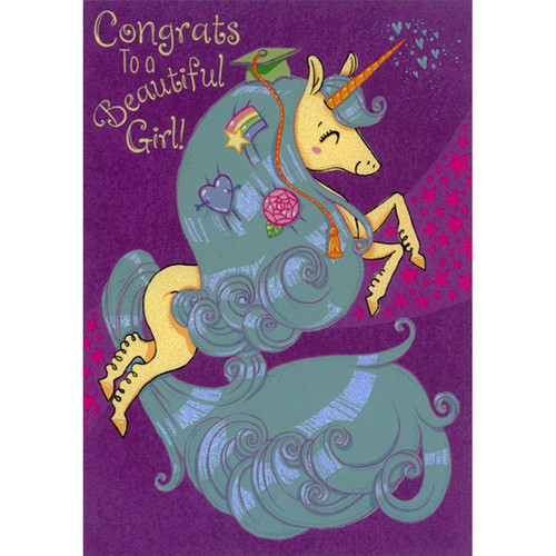 Yellow Unicorn with Blue Mane Juvenile / Kids Graduation Congratulations Card for Young Girl: Congrats To a Beautiful Girl!