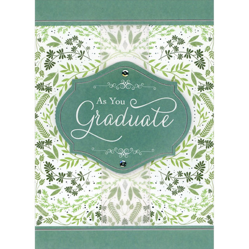 Swirling Green Vines, 3D Tip On Banner, White Ribbon and Sequins Hand Decorated Graduation Congratulations Card: As You Graduate
