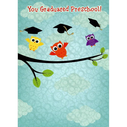 Three Owls Jumping on Branch Preschool Graduation Congratulations Card: You Graduated Preschool!