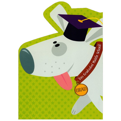 Die Cut Grey Dog : Brown Collar : Orange GRAD Tag Z-Fold Middle School Graduation Congratulations Card: You Graduated Middle School!