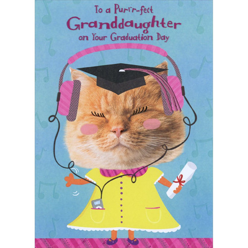 Cat with Grad Cap, Pink Headphones and Yellow Dress Juvenile / Kids Graduation Congratulations Card for Young Granddaughter: To a Purrr-fect Granddaughter on Your Graduation Day