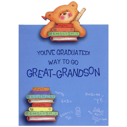 Die Cut Teddy Bear with Stack of Books Juvenile / Kids Top Fold Graduation Congratulations Card for Great-Grandson: You've Graduated!  Way To Go Great-Grandson