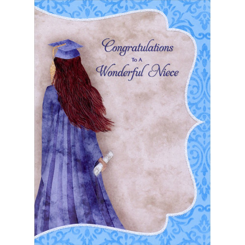 Grad with Flowing Brown Hair Wearing Blue Gown Graduation Congratulations Card for Niece: Congratulations To A Wonderful Niece