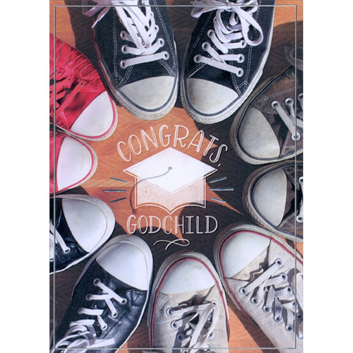 Circle of Black, White and Red Sneakers Graduation Congratulations Card for Godchild: Congrats, Godchild