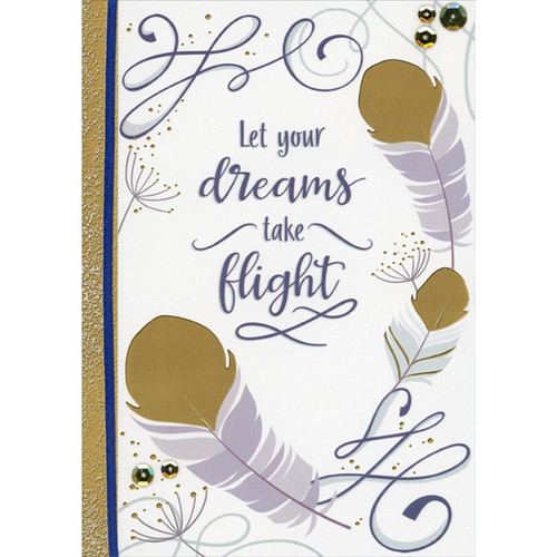 Gold Foil Tipped Feathers, Sequins, Blue Ribbon : Dreams Take Flight College Graduation Congratulations Card: Let your dreams take flight