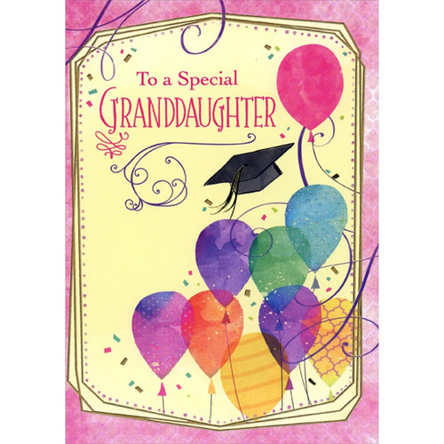 Nine Watercolor Balloons Inside Pink Border Graduation Congratulations Card for Granddaughter: To a Special Granddaughter