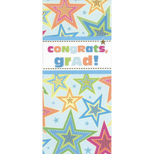 Colorful and Gold Foil Stars on Light Blue Money Holder / Gift Card Holder Graduation Congratulations Card: congrats, grad!