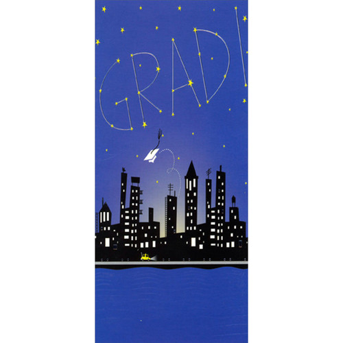 Grad Constellation Over Cityscape Silhouette Money Holder / Gift Card Holder Graduation Congratulations Card: GRAD!