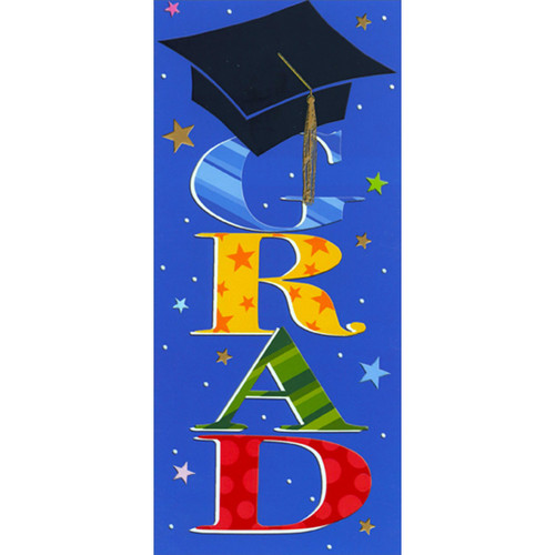 Stacked Grad Letters and Black Cap Money Holder / Gift Card Holder Graduation Congratulations Card: GRAD