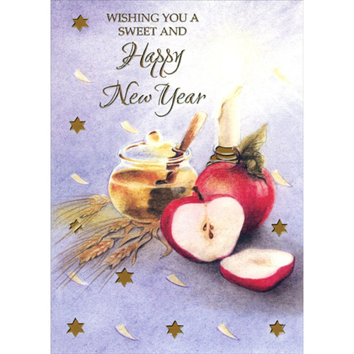 Honey, Candle, Apple and Wheat : Gold Foil Stars Rosh Hashanah / Jewish New Year Card: Wishing You A Sweet And Happy New Year