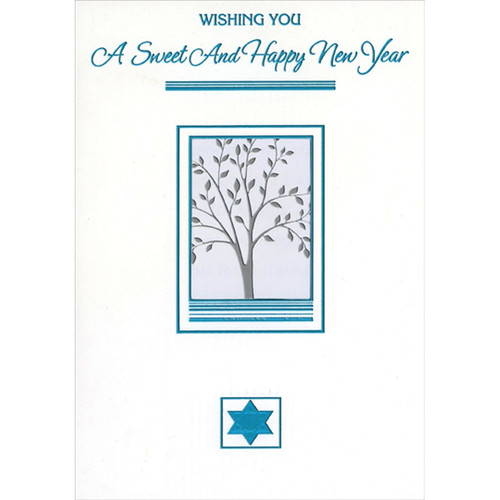 Thin Silver Tree : Die Cut Window : Blue Foil Frame Rosh Hashanah / Jewish New Year Card: Wishing You A Sweet And Happy New Year