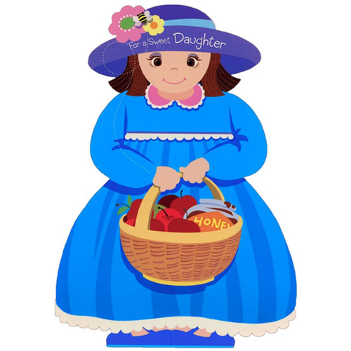 Girl In Blue Dress Holding Basket Die Cut Juvenlie Rosh Hashanah / Jewish New Year Card for Young Daughter: For a Sweet Daughter