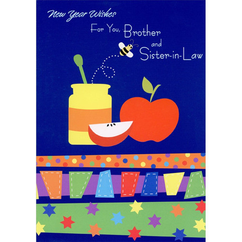 Yellow Honey Pot, Apple and Bee on Blue Rosh Hashanah / Jewish New Year Card for Brother and Sister-in-Law: New Year Wishes For You, Brother and Sister-in-Law