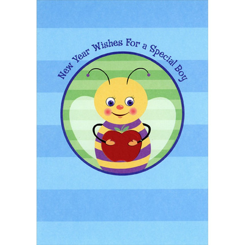 Cute Bee Holding Red Foil Apple on Blue Juvenile Rosh Hashanah / Jewish New Year Card for Special Boy: New Year Wishes For a Special Boy