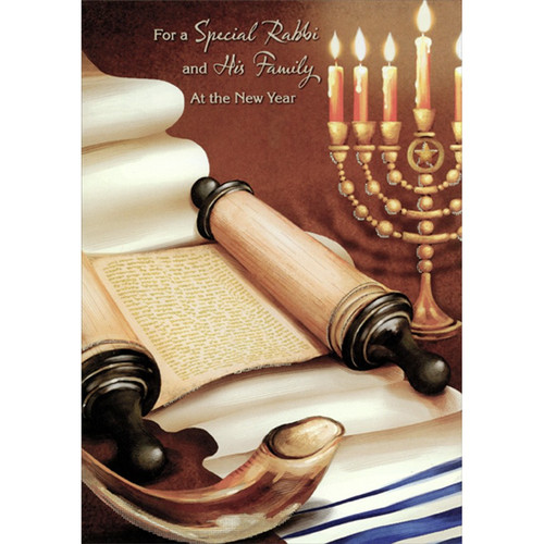 Open Scroll, Menorah and Shofar Rosh Hashanah / Jewish New Year Card for Special Rabbi: For a Special Rabbi and His Family At the New Year