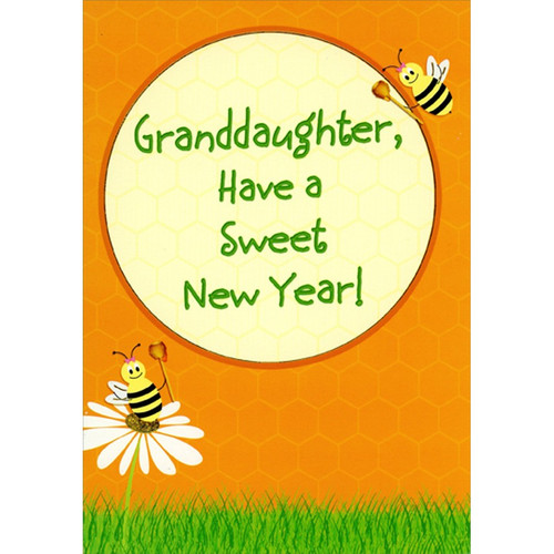 Two Bees Holding Honey Sticks on Orange Juvenile Rosh Hashanah / Jewish New Year Card for Young Granddaughter: Granddaughter, Have a Sweet New Year!