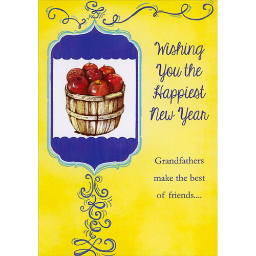 Basket of Red Apples on Blue and Yellow Rosh Hashanah / Jewish New Year Card for Grandfather: Wishing You the Happiest New Year - Grandfathers make the best of friends…