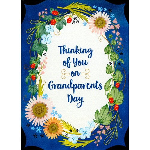 Wildflower and Berries Border on Deep Blue Grandparent's Day Card for Great-Grandparents: Thinking of You on Grandparents Day