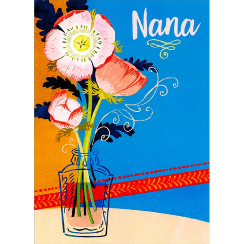 Three Pink Peony Flowers in Glass Vase Grandparent's Day Card for Nana: Nana