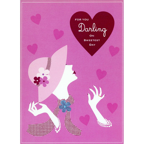 Woman Silhouette, Pink Hat, Checkered Scarf and Pearl Bracelets Sweetest Day Card for Darling: For you Darling on Sweetest Day