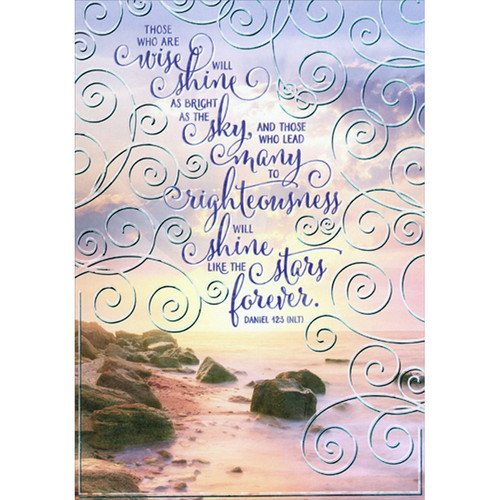 Shine Like The Stars Forever : Blue Foil Swirls Clergy Appreciation Day Card: Those who are wise will shine as bright as the sky, and those who lead many to righteousness will shine like the stars forever.  -Daniel 12:3 (NLT)