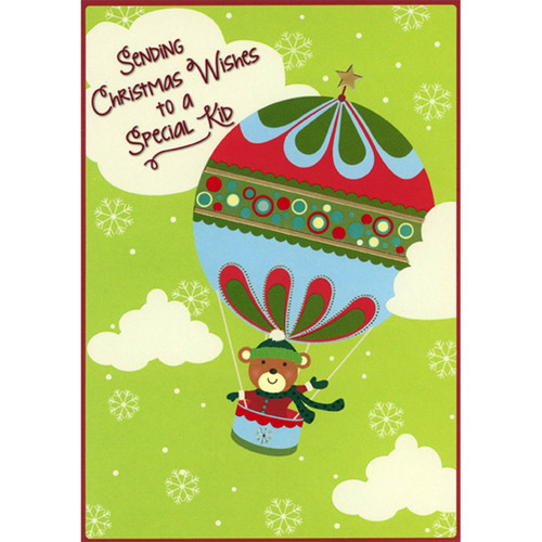 Bear Flying in Green, Blue and Red Hot Air Balloon Juvenile African American Christmas Card for Kid / Child: Sending Christmas Wishes to a Special Kid