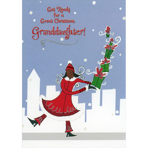 Woman in Red Winter Coat Holding Green Presents Juvenile African American Christmas Card for Granddaughter: Get Ready for a Great Christmas, Granddaughter!